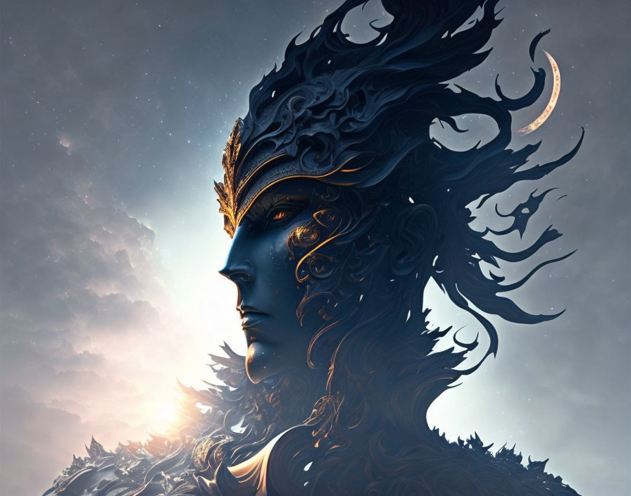 Fantasy-inspired artwork: Majestic figure with ornate hair and helmet against celestial backdrop