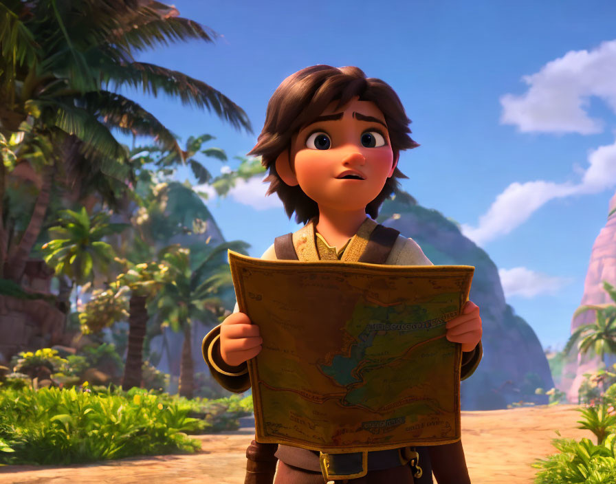 Animated character with map in tropical setting.