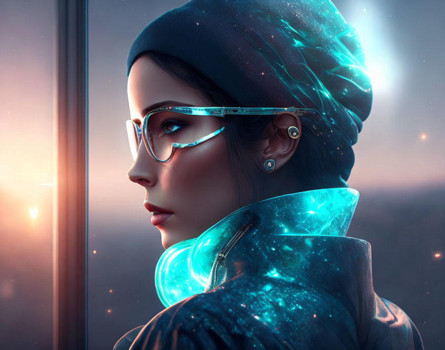 Futuristic digital artwork: Woman with glowing elements and serene sunrise/sunset