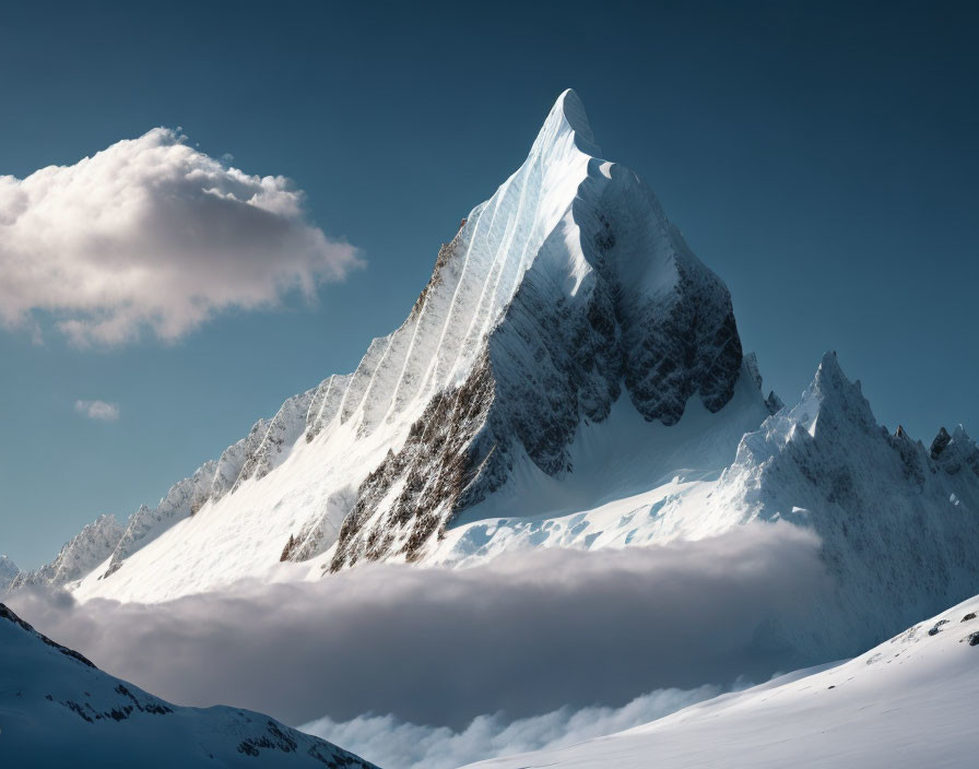 Snow-capped mountain peak above clouds under blue sky