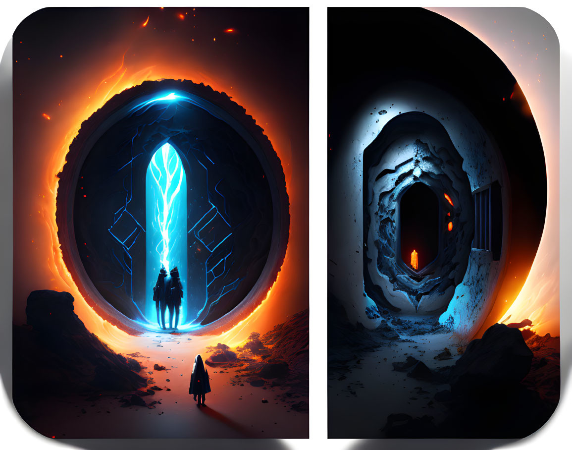 Fantasy portals: Warm vs. cool tones, figures silhouetted and solitary figure facing lit