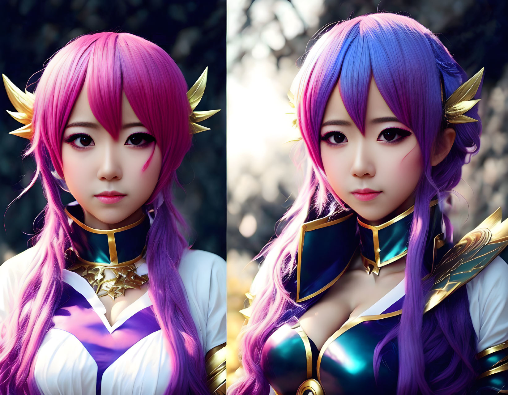 Person in Colorful Fantasy Costumes with Pink and Blue Wigs