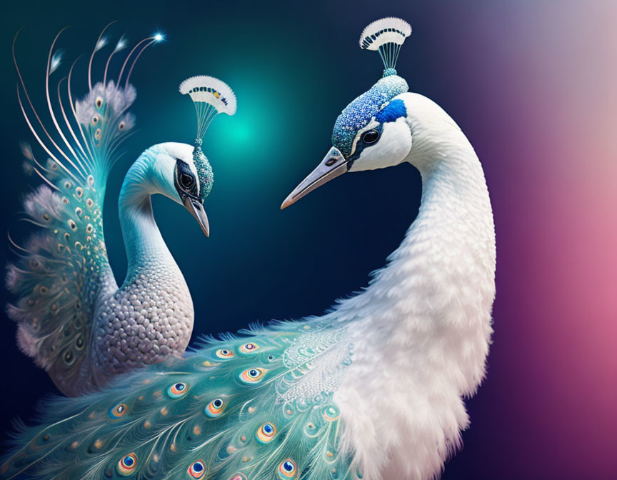 Stylized peacocks in white and blue with vibrant feathers on dark background