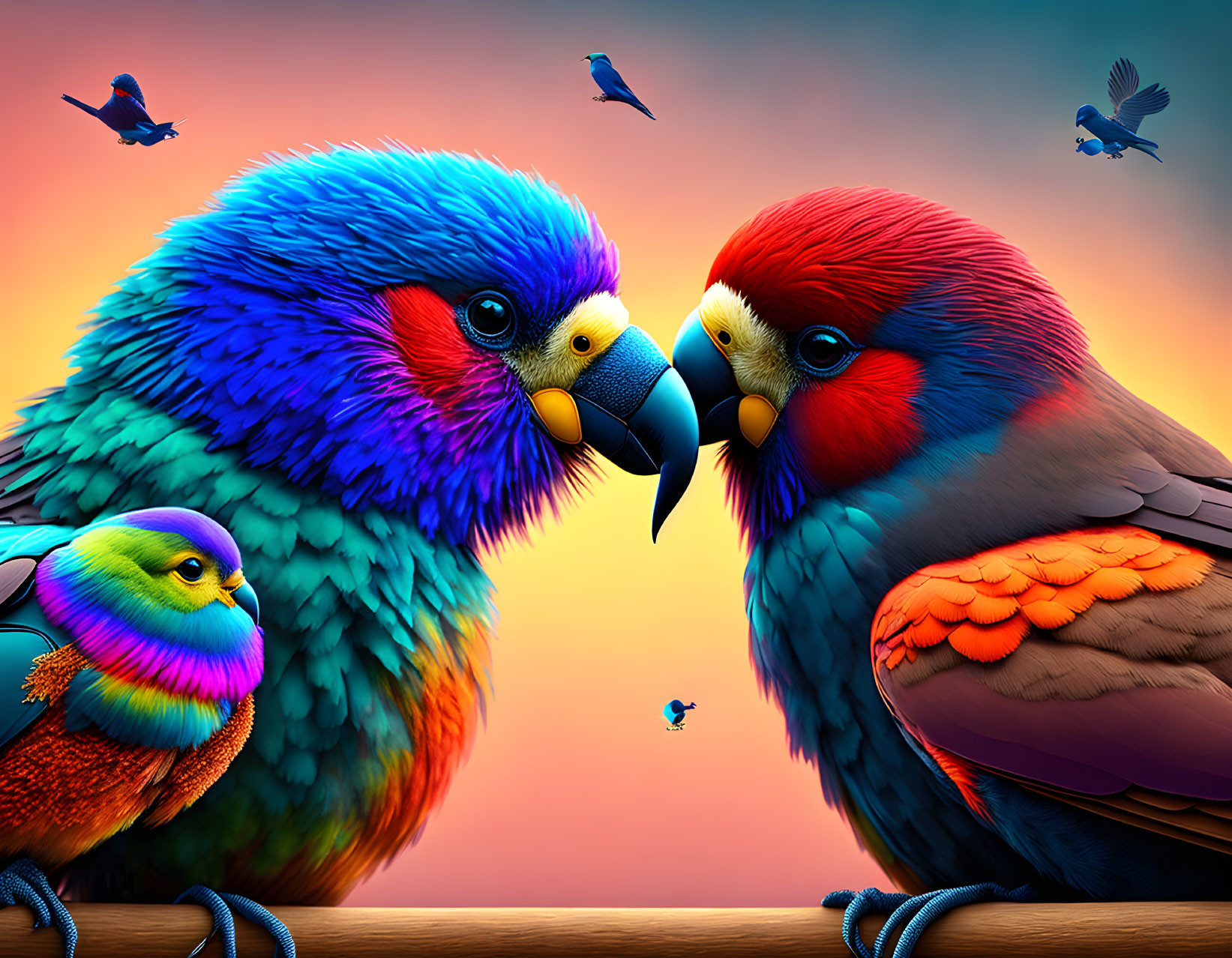 Vibrantly colored parrots touching beaks in sunset sky