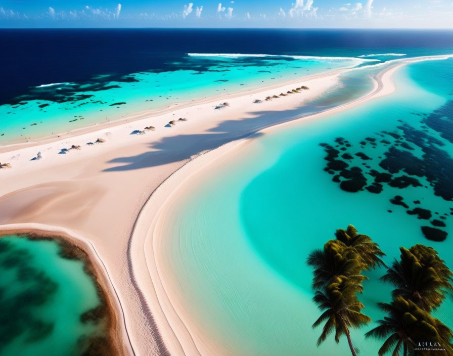 Tropical beach with crystal clear blue waters and palm trees