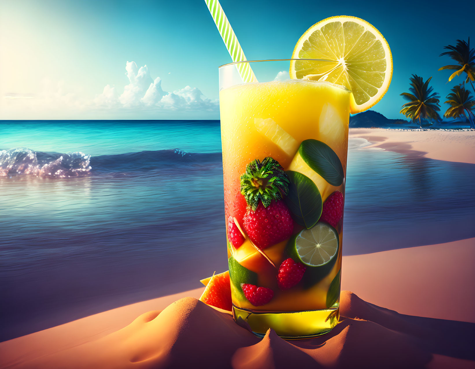 Tropical beach sunset cocktail with lime, strawberries, and mint