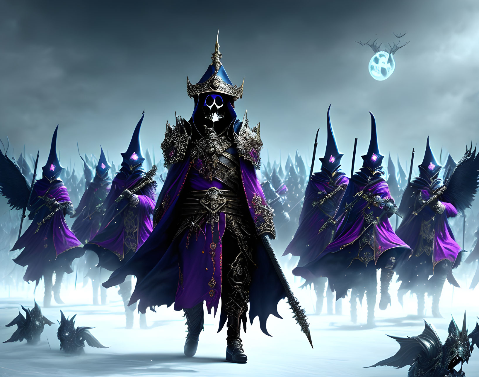 Fantasy army in dark armor with glowing blue accents under night sky