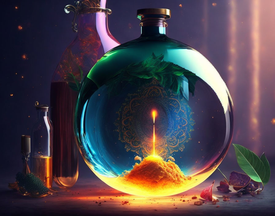 Ornate potion bottles with glowing substance and leafy branch in mystical still-life scene