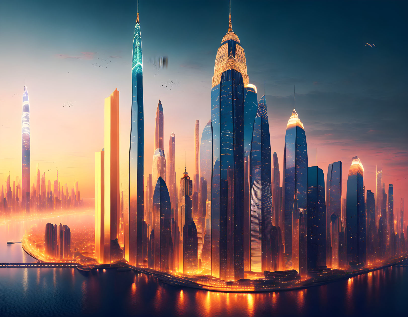 Urban skyline with skyscrapers, sunset reflections, and flying vehicles in serene setting