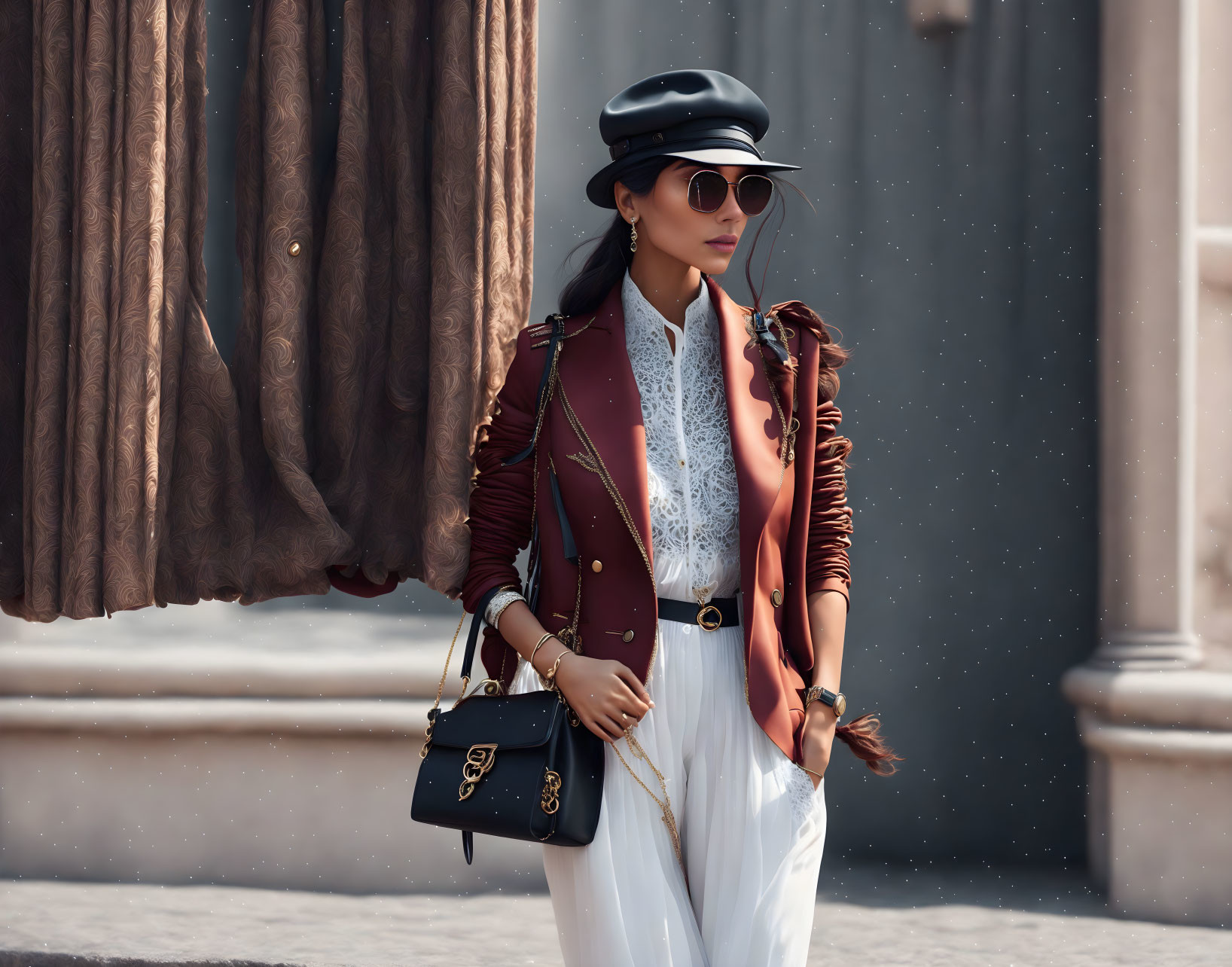 Fashionable woman in black cap and sunglasses with maroon jacket and handbag leaning against wall with curtains