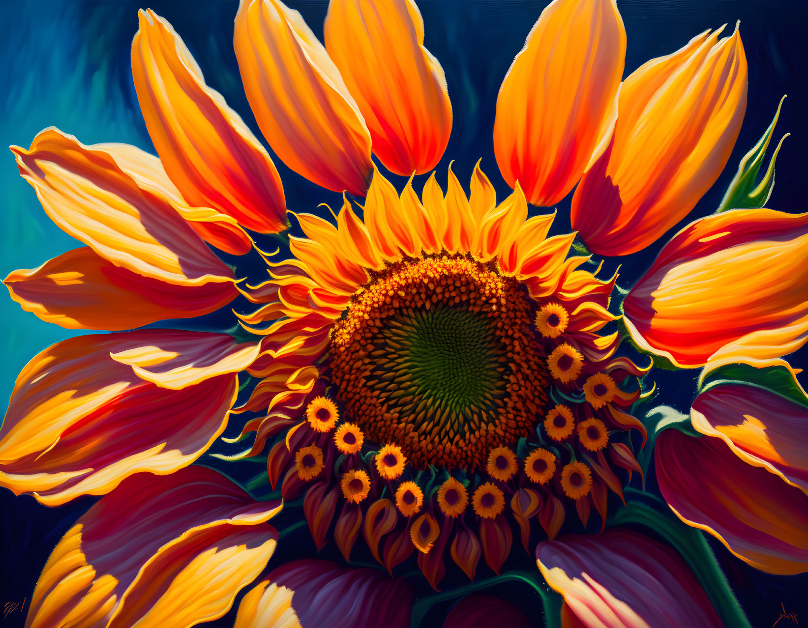 Colorful Sunflower Painting on Blue Background