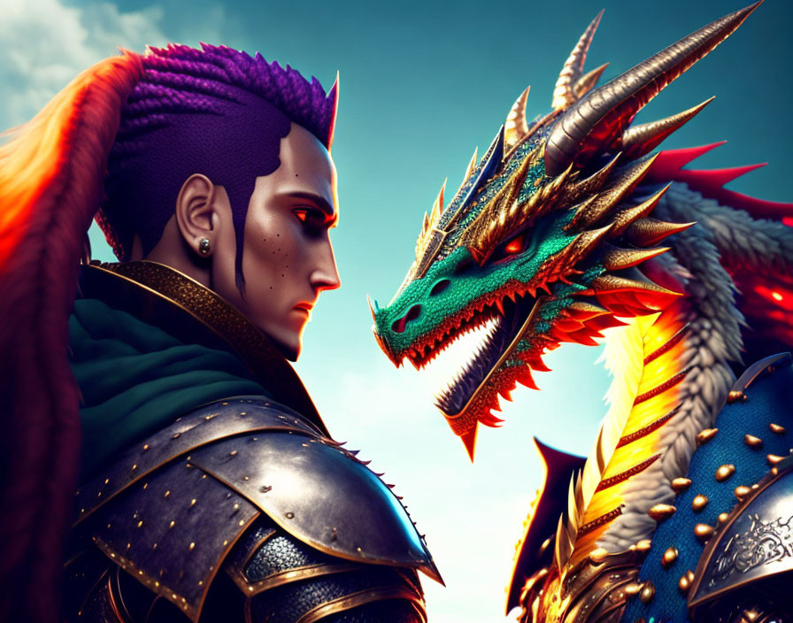 Warrior with Purple Mohawk Hair and Dragon in Colorful Scene