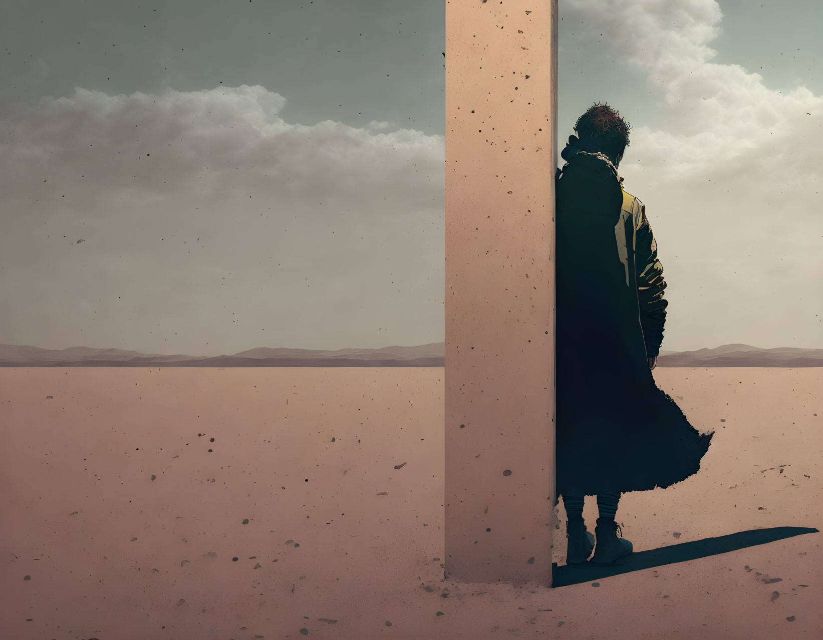 Person in Dark Coat Stands Against Vertical Slab in Desolate Landscape