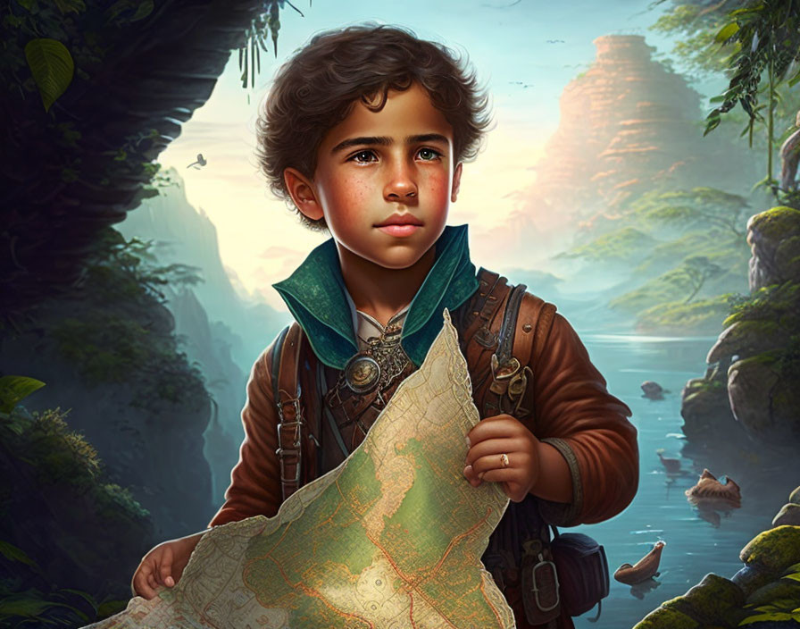 Young explorer with map in lush jungle and ancient ruins.