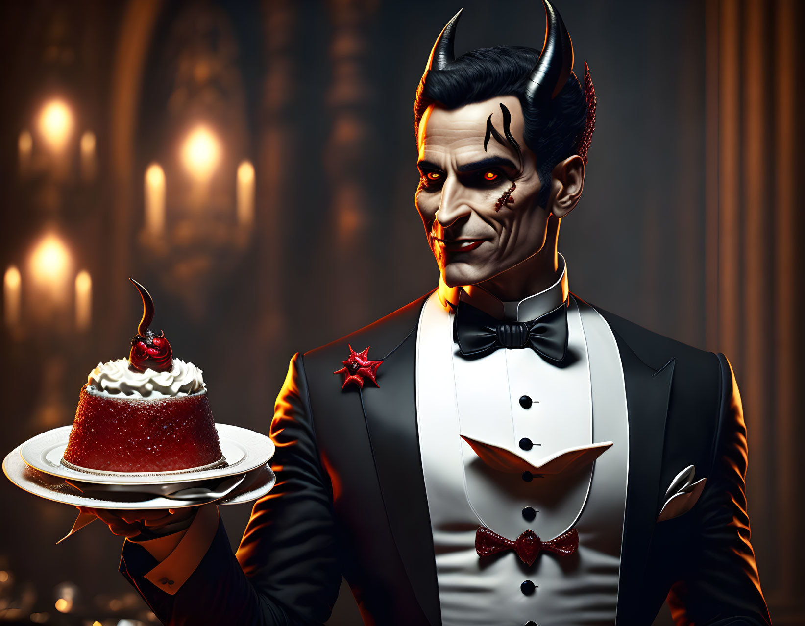 Devilish character in tuxedo with cake slice and elegant background