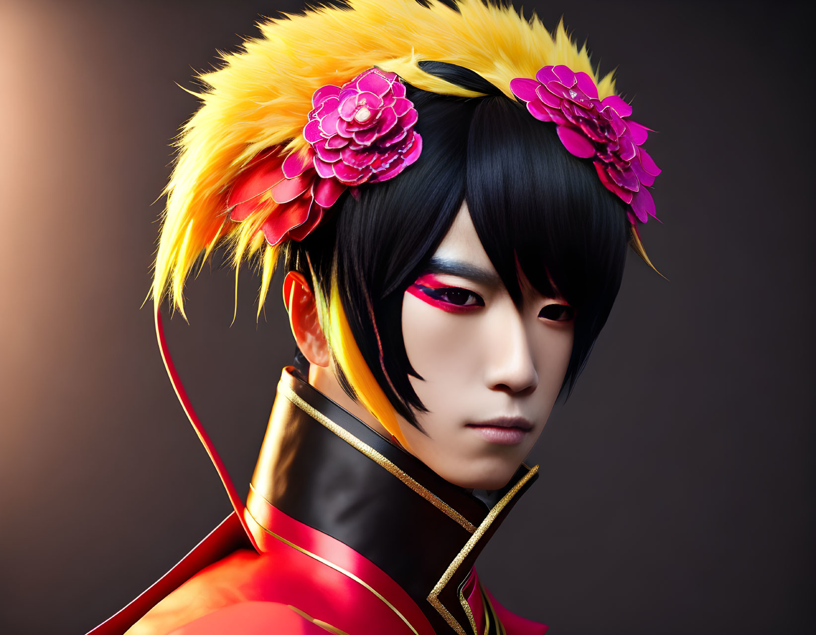 Digital portrait with red eye makeup, floral hair, and red garment