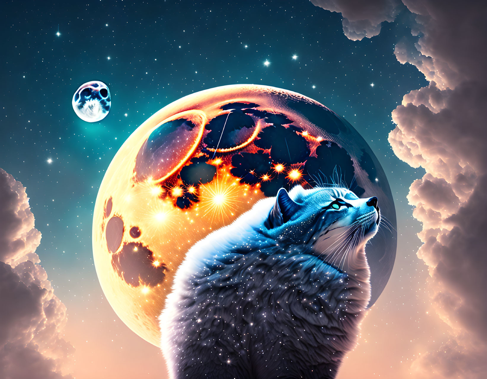 Majestic cat in cosmic setting with oversized planet and glowing stars