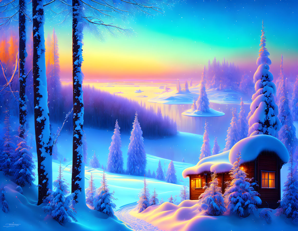 Winter Twilight Scene: Cabin, Snowy Trees, Frozen Lake, Starry Sky