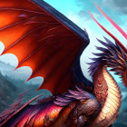 Red dragon digital artwork with flying companions in twilight sky