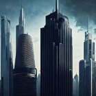 Futuristic cityscape with skyscrapers, flying objects, and moon in twilight sky