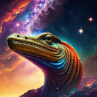 Golden snake digital art with cosmic patterns on vibrant nebula background