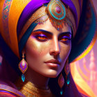 Colorful portrait of woman with vibrant headpiece and jewelry