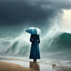 Person in dark coat with umbrella on beach facing stormy sea waves