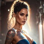 Elaborate tattooed woman with wavy hair in warm backlight