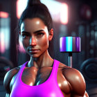 Determined woman with dark hair lifting dumbbells in neon-lit gym