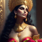 Regal woman adorned with crown and jewelry among roses