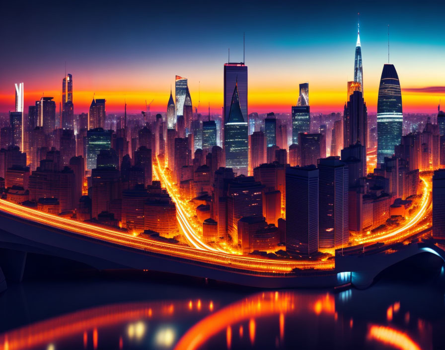 Dusk city skyline with illuminated skyscrapers and fiery sunset