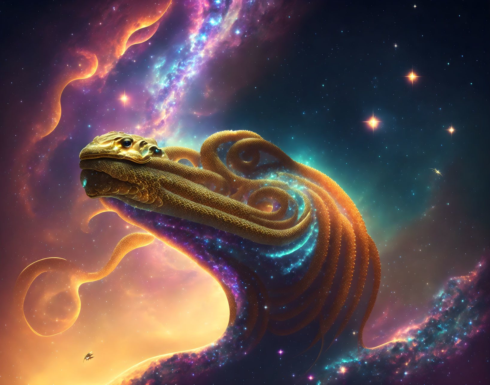 Golden snake digital art with cosmic patterns on vibrant nebula background