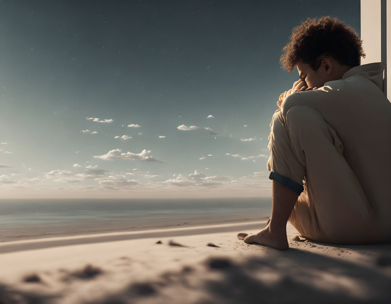 Person sitting on sandy beach under twilight sky with emerging stars.