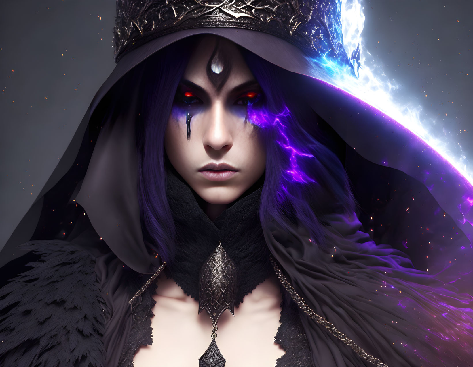 Fantasy character portrait with purple glowing eyes and mystical blue flame