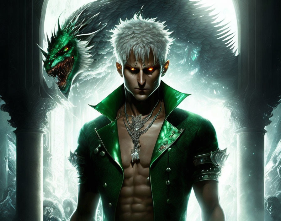 White-Haired Man with Green Jacket, Glowing Eyes, Angelic Wings, and Green Dragon