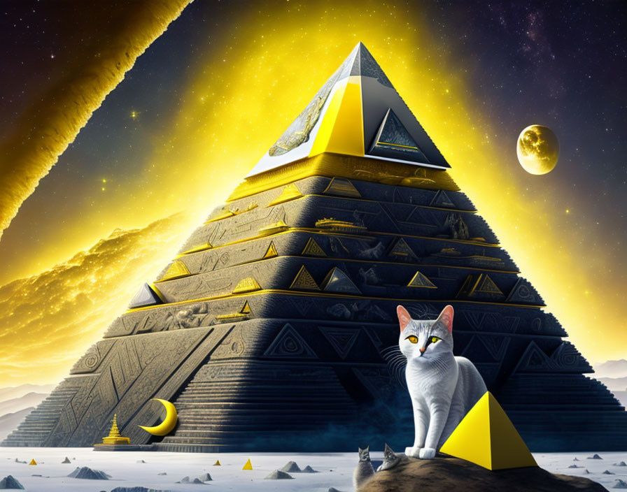 White Cat with Striking Eyes in Front of Surreal Pyramid Landscape