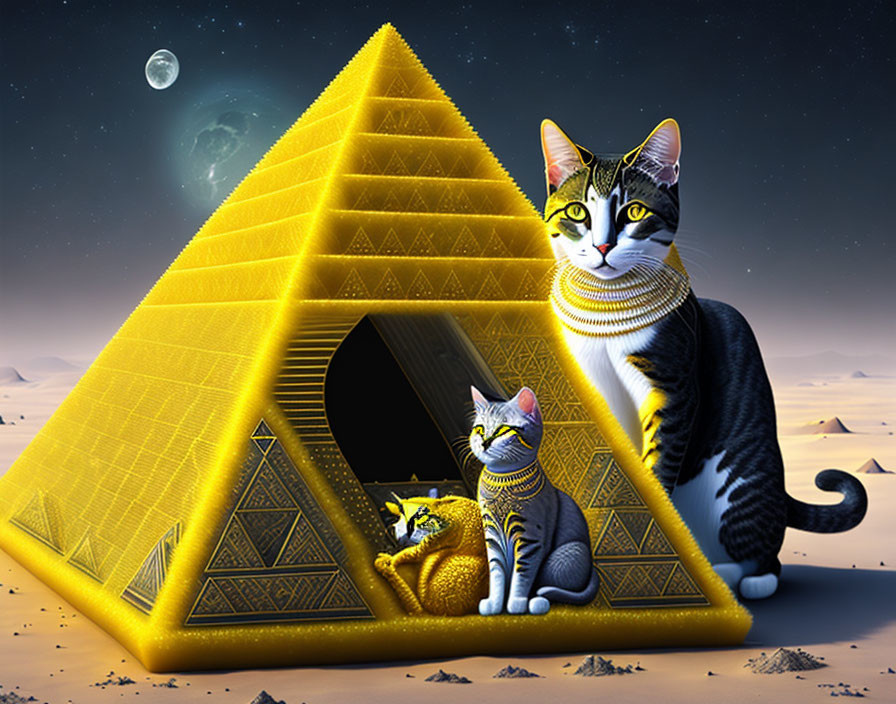 Ancient Egyptian-style collared cats in front of luminous pyramid under starry sky