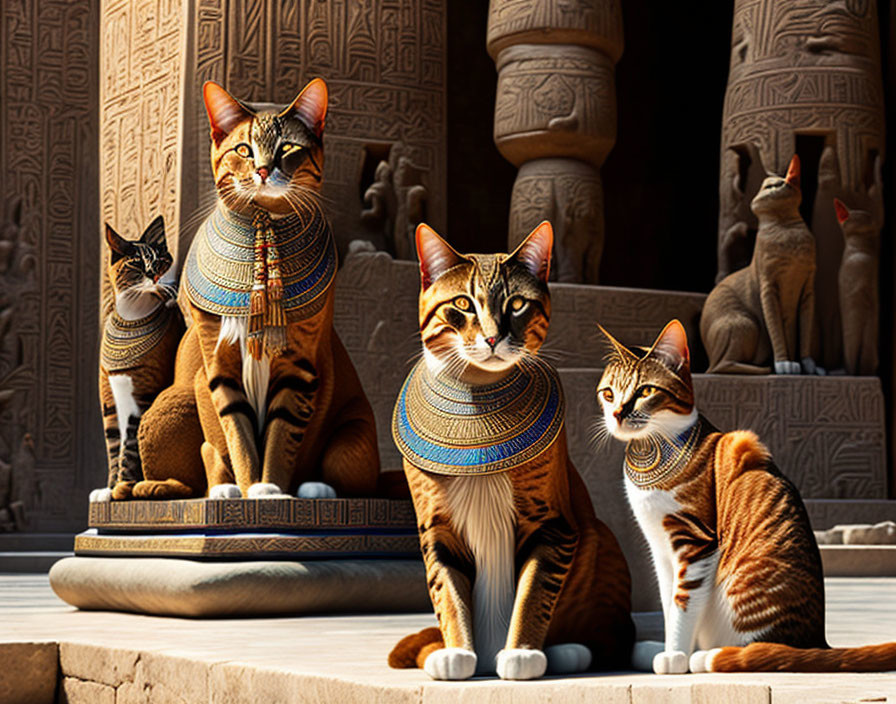 Four cats in Egyptian-style collars pose near temple with cat statues