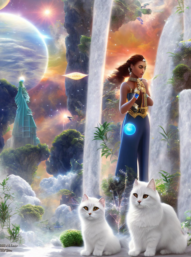 Woman playing saxophone in dreamy landscape with waterfalls, cats, and celestial backdrop.