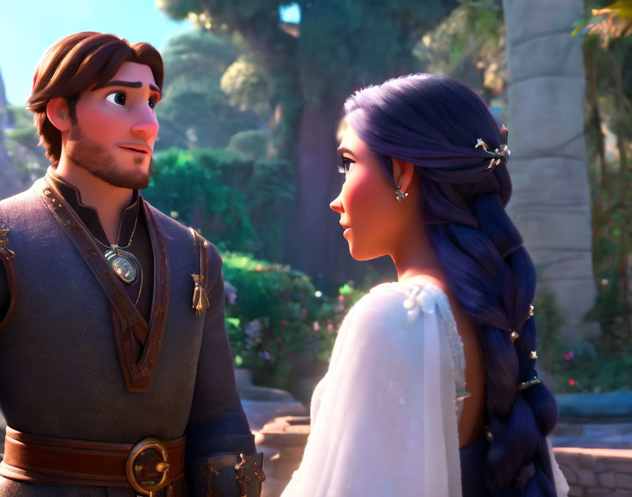 Male and female animated characters in armor and braided hairstyle gaze in sunlit forest.