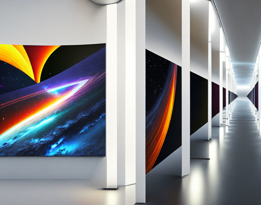 Vibrant space-themed artwork in modern hallway