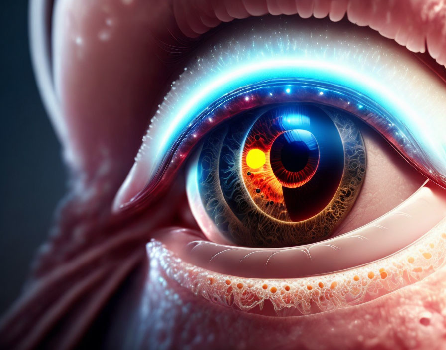 Digitally enhanced human eye with vibrant, multi-colored iris patterns