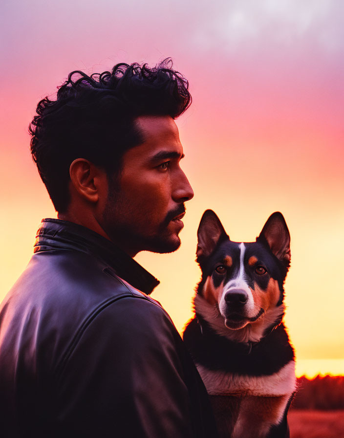 Man and dog admiring sunset sky in warm hues.