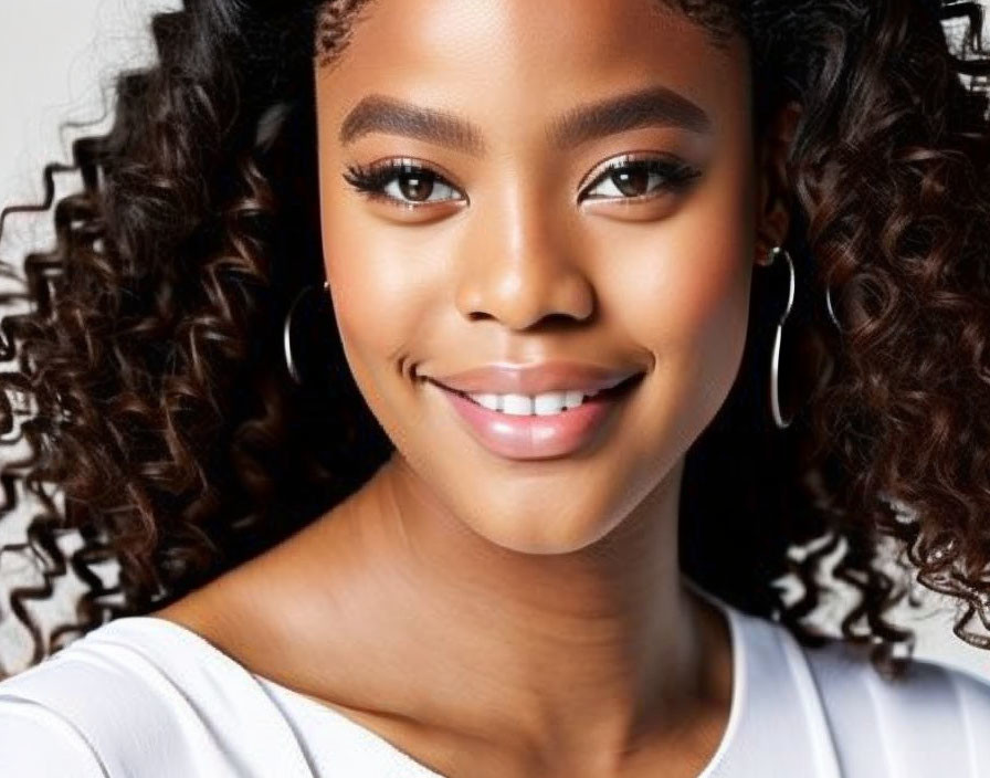 Smiling woman with curly hair and hoop earrings in close-up.