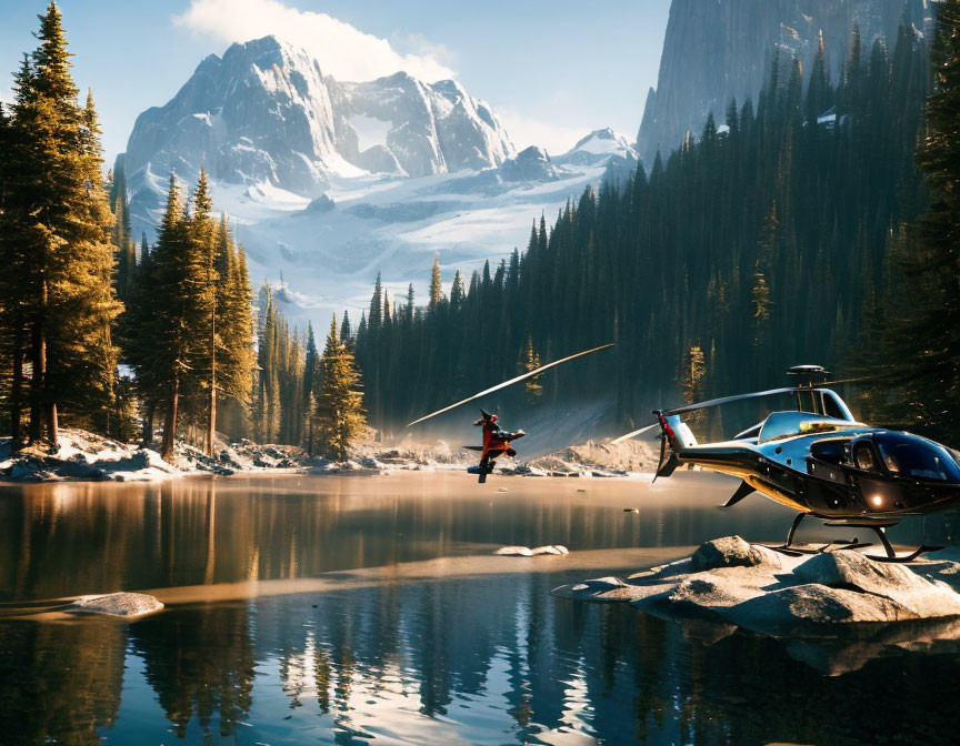 Person water skiing on calm mountain lake near helicopter, with towering peaks and evergreens under clear blue sky