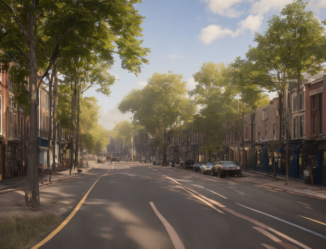 Peaceful city street with parked cars in morning sunlight