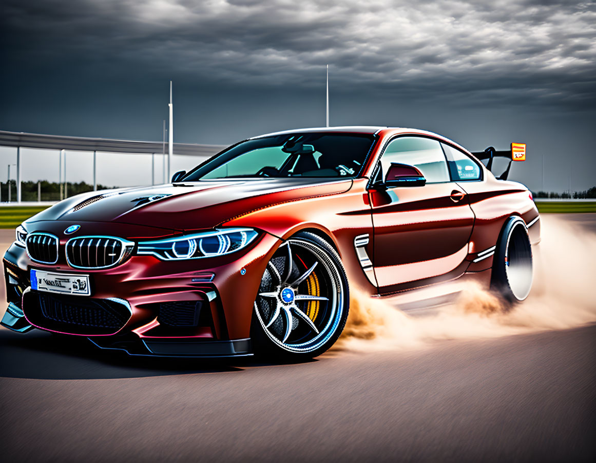 Dynamic red sports car drifting on racetrack with smoke cloud.