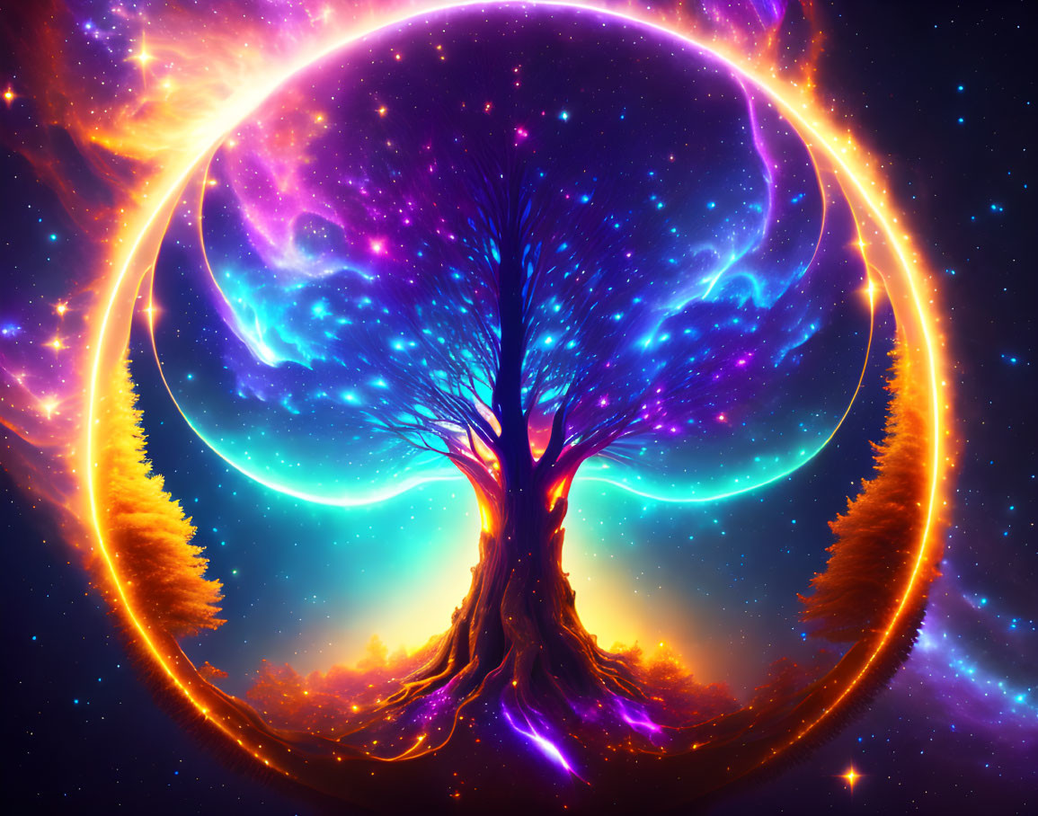 Majestic tree in vibrant cosmic scene with fiery tendrils and celestial backdrop