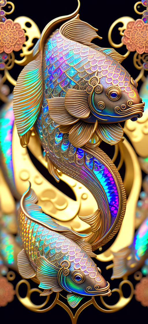 Metallic koi fish with iridescent scales intertwined on dark background.