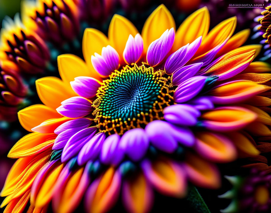 Detailed Close-Up of Vibrant Sunflower Petals in Purple and Orange